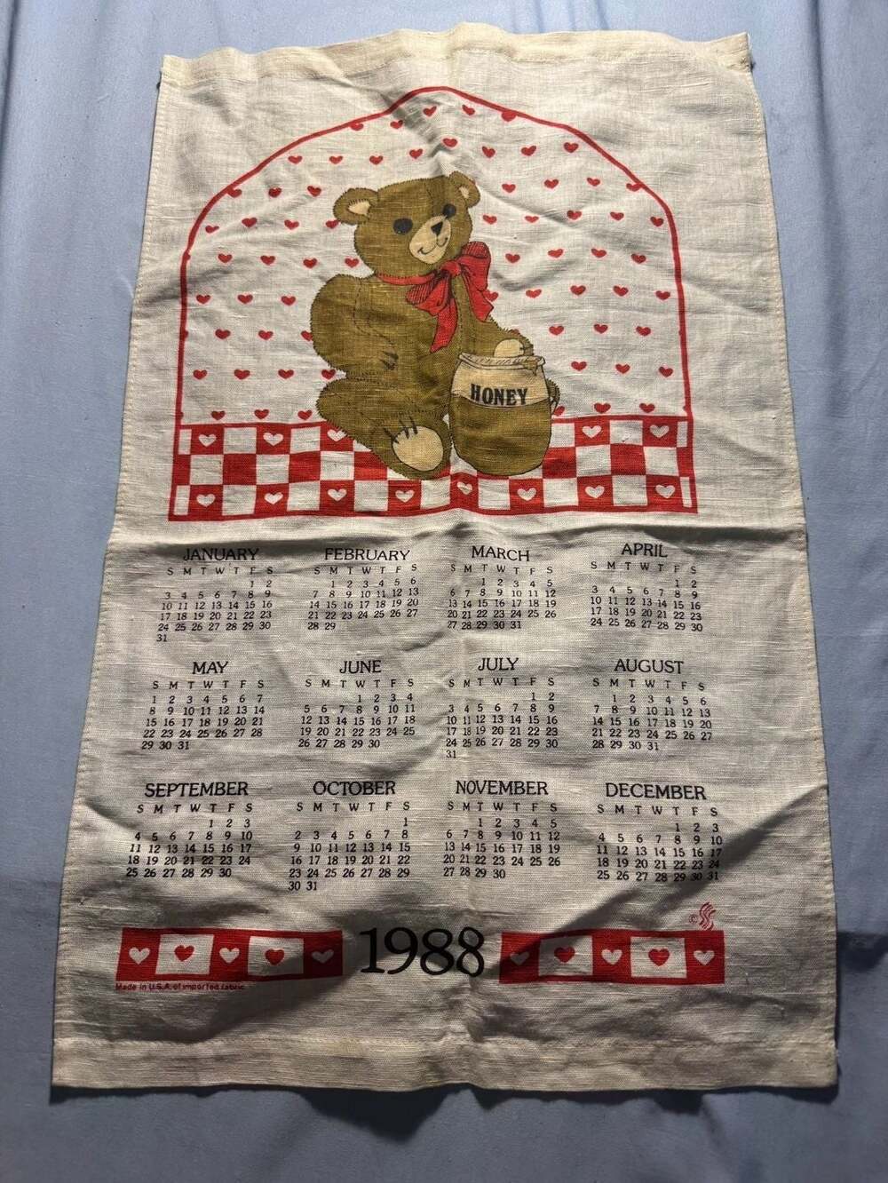 Vintage 1988 Teddy Bear Calendar Tea Towel